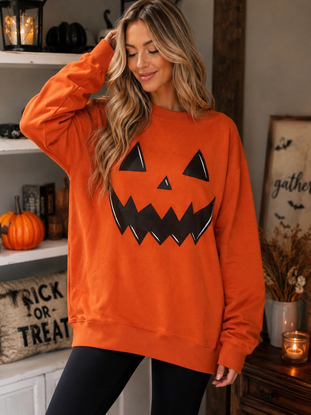 MAD Engine Orange Crewneck Sweatshirt with Black Jack-O'-Lantern Face unisex